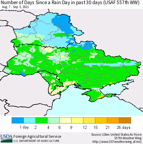 Ukraine, Moldova and Belarus Number of Days Since a Rain Day in past 30 days (USAF 557th WW) Thematic Map For 8/30/2021 - 9/5/2021