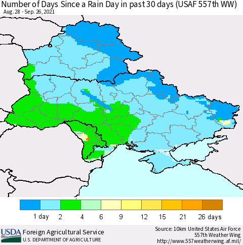 Ukraine, Moldova and Belarus Number of Days Since a Rain Day in past 30 days (USAF 557th WW) Thematic Map For 9/20/2021 - 9/26/2021