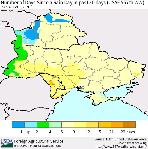 Ukraine, Moldova and Belarus Number of Days Since a Rain Day in past 30 days (USAF 557th WW) Thematic Map For 9/27/2021 - 10/3/2021