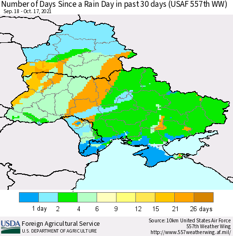 Ukraine, Moldova and Belarus Number of Days Since a Rain Day in past 30 days (USAF 557th WW) Thematic Map For 10/11/2021 - 10/17/2021