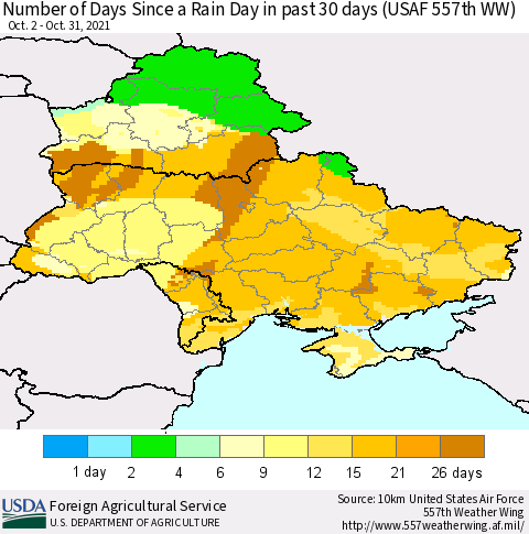 Ukraine, Moldova and Belarus Number of Days Since a Rain Day in past 30 days (USAF 557th WW) Thematic Map For 10/25/2021 - 10/31/2021