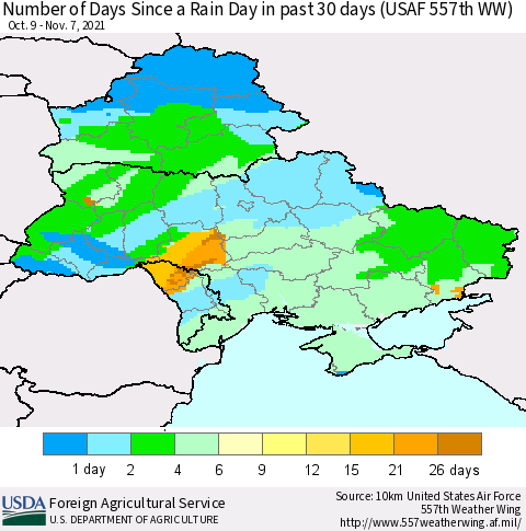 Ukraine, Moldova and Belarus Number of Days Since a Rain Day in past 30 days (USAF 557th WW) Thematic Map For 11/1/2021 - 11/7/2021