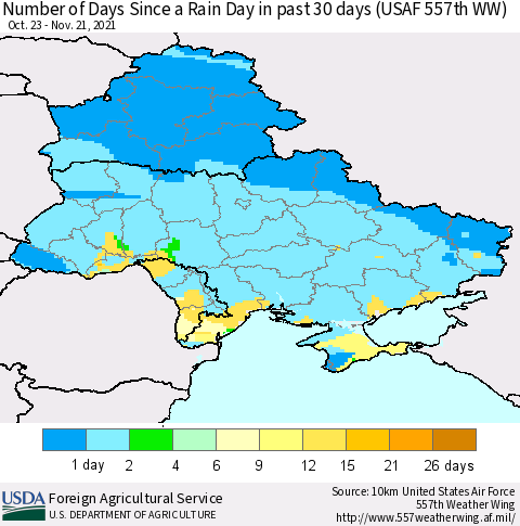 Ukraine, Moldova and Belarus Number of Days Since a Rain Day in past 30 days (USAF 557th WW) Thematic Map For 11/15/2021 - 11/21/2021