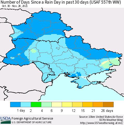 Ukraine, Moldova and Belarus Number of Days Since a Rain Day in past 30 days (USAF 557th WW) Thematic Map For 11/22/2021 - 11/28/2021