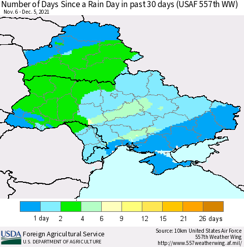 Ukraine, Moldova and Belarus Number of Days Since a Rain Day in past 30 days (USAF 557th WW) Thematic Map For 11/29/2021 - 12/5/2021