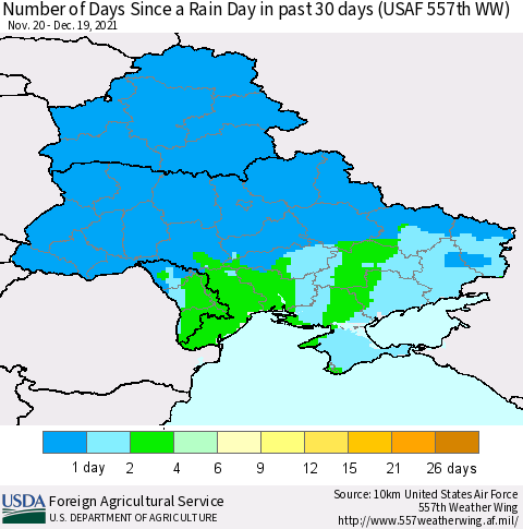 Ukraine, Moldova and Belarus Number of Days Since a Rain Day in past 30 days (USAF 557th WW) Thematic Map For 12/13/2021 - 12/19/2021
