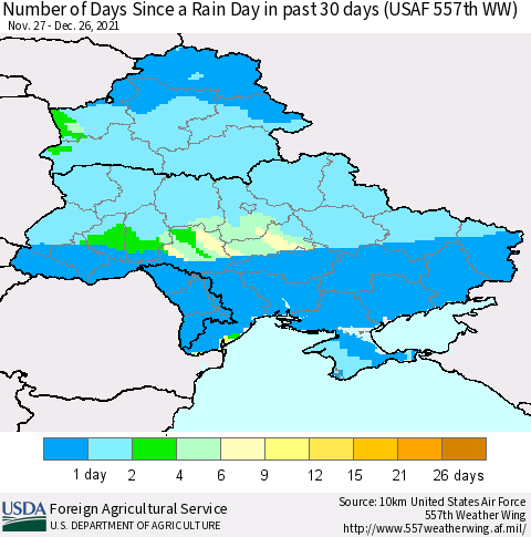Ukraine, Moldova and Belarus Number of Days Since a Rain Day in past 30 days (USAF 557th WW) Thematic Map For 12/20/2021 - 12/26/2021