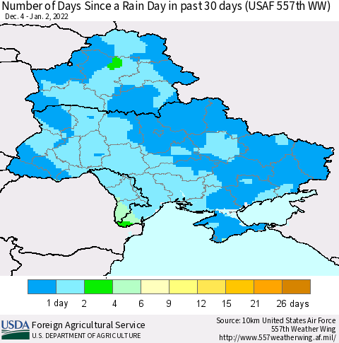 Ukraine, Moldova and Belarus Number of Days Since a Rain Day in past 30 days (USAF 557th WW) Thematic Map For 12/27/2021 - 1/2/2022