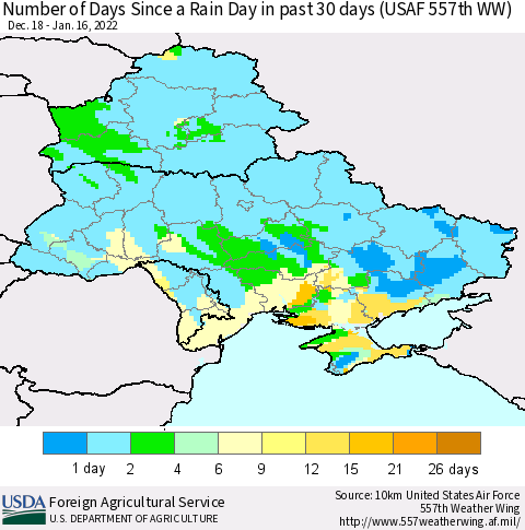 Ukraine, Moldova and Belarus Number of Days Since a Rain Day in past 30 days (USAF 557th WW) Thematic Map For 1/10/2022 - 1/16/2022