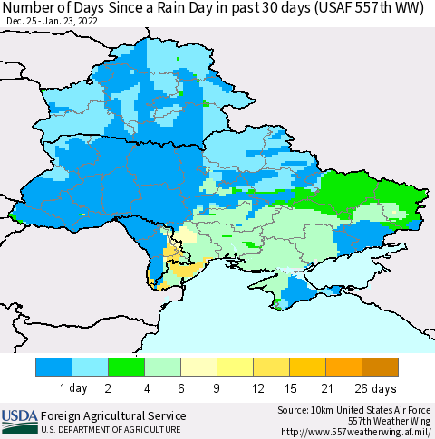 Ukraine, Moldova and Belarus Number of Days Since a Rain Day in past 30 days (USAF 557th WW) Thematic Map For 1/17/2022 - 1/23/2022
