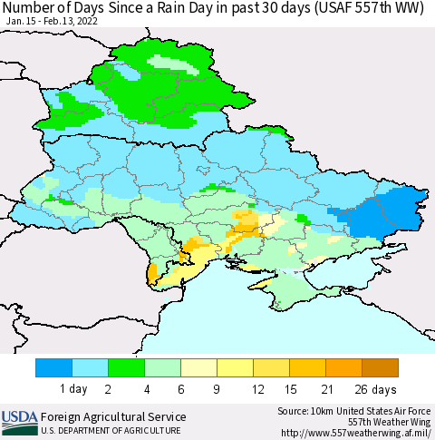 Ukraine, Moldova and Belarus Number of Days Since a Rain Day in past 30 days (USAF 557th WW) Thematic Map For 2/7/2022 - 2/13/2022