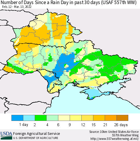 Ukraine, Moldova and Belarus Number of Days Since a Rain Day in past 30 days (USAF 557th WW) Thematic Map For 3/7/2022 - 3/13/2022