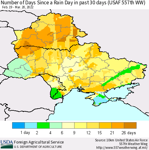 Ukraine, Moldova and Belarus Number of Days Since a Rain Day in past 30 days (USAF 557th WW) Thematic Map For 3/14/2022 - 3/20/2022