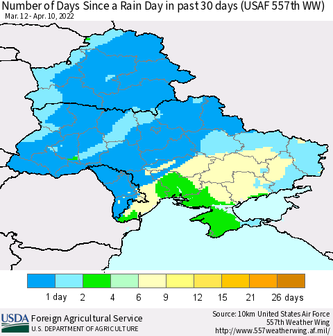 Ukraine, Moldova and Belarus Number of Days Since a Rain Day in past 30 days (USAF 557th WW) Thematic Map For 4/4/2022 - 4/10/2022