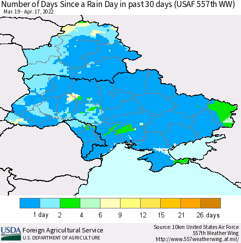 Ukraine, Moldova and Belarus Number of Days Since a Rain Day in past 30 days (USAF 557th WW) Thematic Map For 4/11/2022 - 4/17/2022