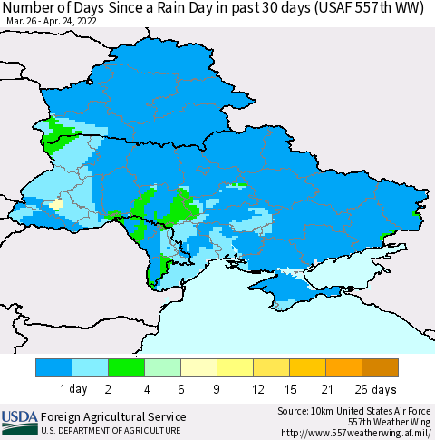 Ukraine, Moldova and Belarus Number of Days Since a Rain Day in past 30 days (USAF 557th WW) Thematic Map For 4/18/2022 - 4/24/2022