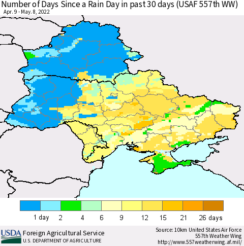 Ukraine, Moldova and Belarus Number of Days Since a Rain Day in past 30 days (USAF 557th WW) Thematic Map For 5/2/2022 - 5/8/2022