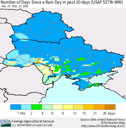 Ukraine, Moldova and Belarus Number of Days Since a Rain Day in past 30 days (USAF 557th WW) Thematic Map For 5/16/2022 - 5/22/2022
