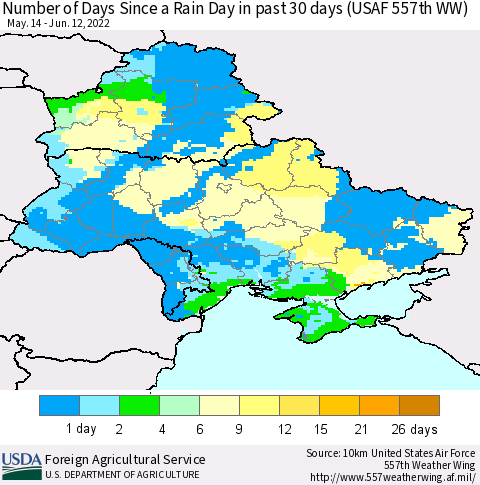 Ukraine, Moldova and Belarus Number of Days Since a Rain Day in past 30 days (USAF 557th WW) Thematic Map For 6/6/2022 - 6/12/2022