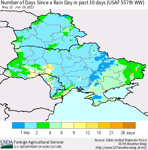 Ukraine, Moldova and Belarus Number of Days Since a Rain Day in past 30 days (USAF 557th WW) Thematic Map For 6/13/2022 - 6/19/2022