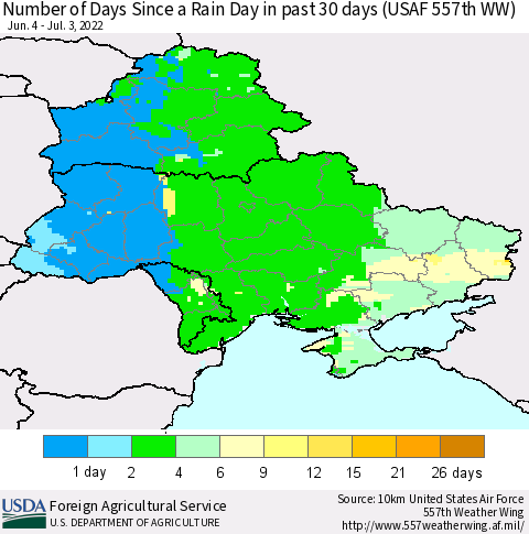 Ukraine, Moldova and Belarus Number of Days Since a Rain Day in past 30 days (USAF 557th WW) Thematic Map For 6/27/2022 - 7/3/2022