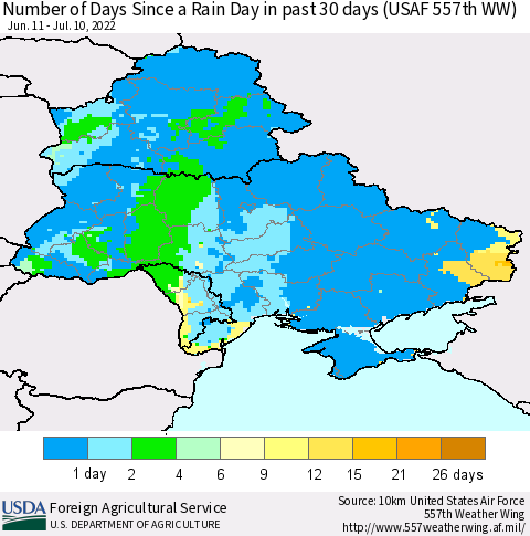 Ukraine, Moldova and Belarus Number of Days Since a Rain Day in past 30 days (USAF 557th WW) Thematic Map For 7/4/2022 - 7/10/2022
