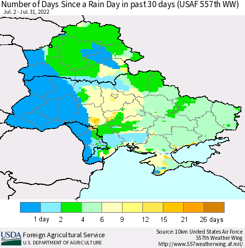 Ukraine, Moldova and Belarus Number of Days Since a Rain Day in past 30 days (USAF 557th WW) Thematic Map For 7/25/2022 - 7/31/2022