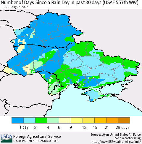 Ukraine, Moldova and Belarus Number of Days Since a Rain Day in past 30 days (USAF 557th WW) Thematic Map For 8/1/2022 - 8/7/2022