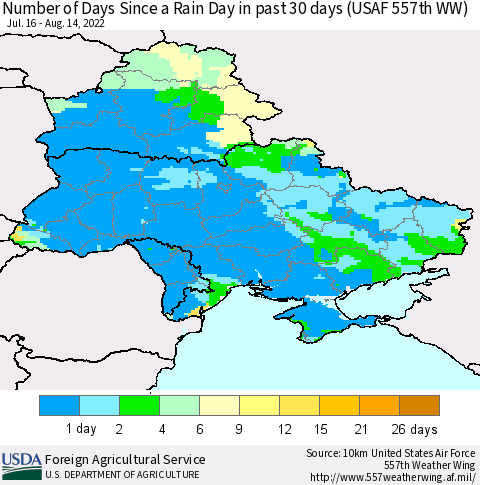 Ukraine, Moldova and Belarus Number of Days Since a Rain Day in past 30 days (USAF 557th WW) Thematic Map For 8/8/2022 - 8/14/2022