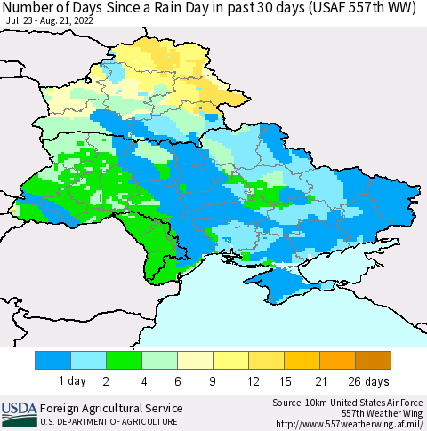 Ukraine, Moldova and Belarus Number of Days Since a Rain Day in past 30 days (USAF 557th WW) Thematic Map For 8/15/2022 - 8/21/2022