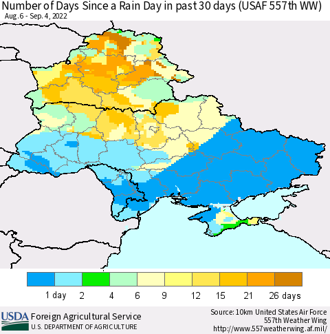 Ukraine, Moldova and Belarus Number of Days Since a Rain Day in past 30 days (USAF 557th WW) Thematic Map For 8/29/2022 - 9/4/2022