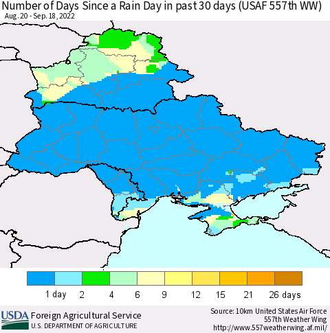 Ukraine, Moldova and Belarus Number of Days Since a Rain Day in past 30 days (USAF 557th WW) Thematic Map For 9/12/2022 - 9/18/2022
