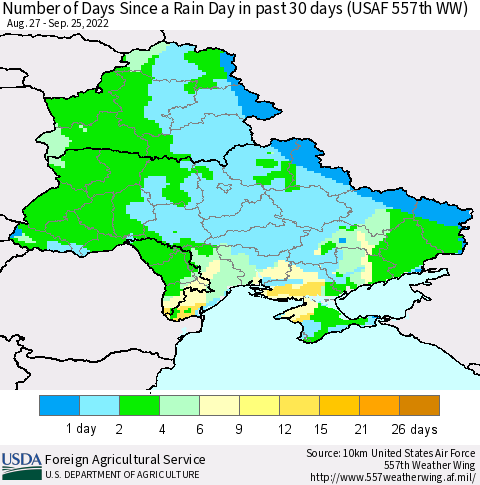 Ukraine, Moldova and Belarus Number of Days Since a Rain Day in past 30 days (USAF 557th WW) Thematic Map For 9/19/2022 - 9/25/2022