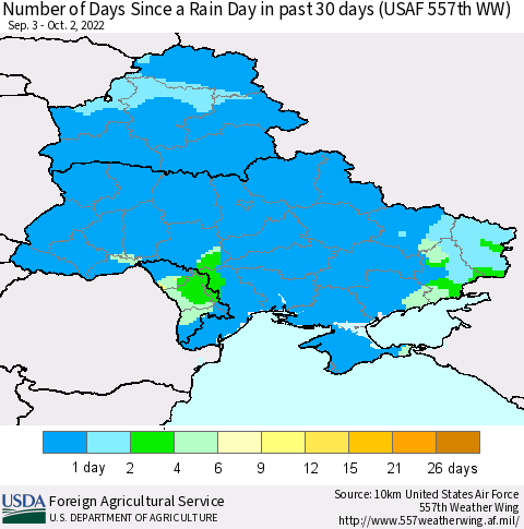 Ukraine, Moldova and Belarus Number of Days Since a Rain Day in past 30 days (USAF 557th WW) Thematic Map For 9/26/2022 - 10/2/2022