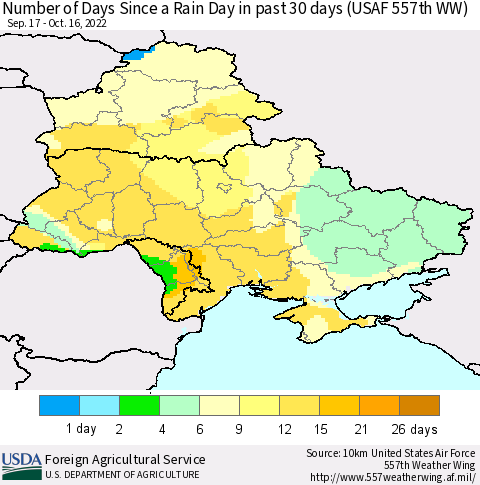 Ukraine, Moldova and Belarus Number of Days Since a Rain Day in past 30 days (USAF 557th WW) Thematic Map For 10/10/2022 - 10/16/2022