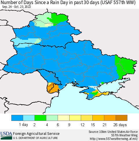 Ukraine, Moldova and Belarus Number of Days Since a Rain Day in past 30 days (USAF 557th WW) Thematic Map For 10/17/2022 - 10/23/2022