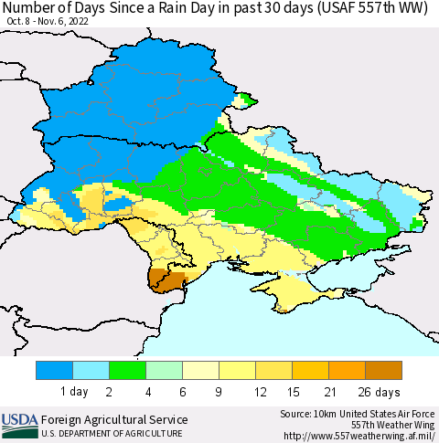 Ukraine, Moldova and Belarus Number of Days Since a Rain Day in past 30 days (USAF 557th WW) Thematic Map For 10/31/2022 - 11/6/2022