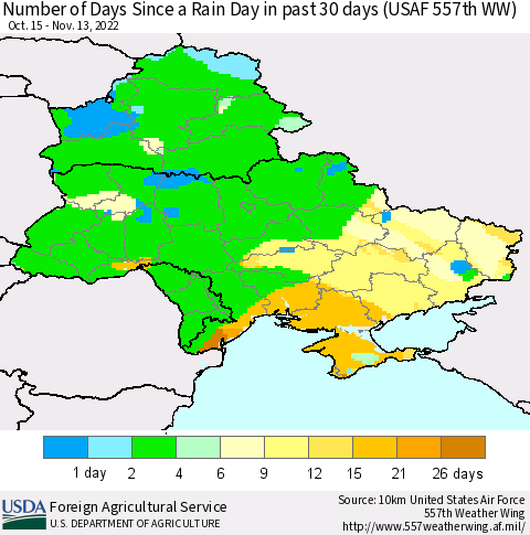 Ukraine, Moldova and Belarus Number of Days Since a Rain Day in past 30 days (USAF 557th WW) Thematic Map For 11/7/2022 - 11/13/2022