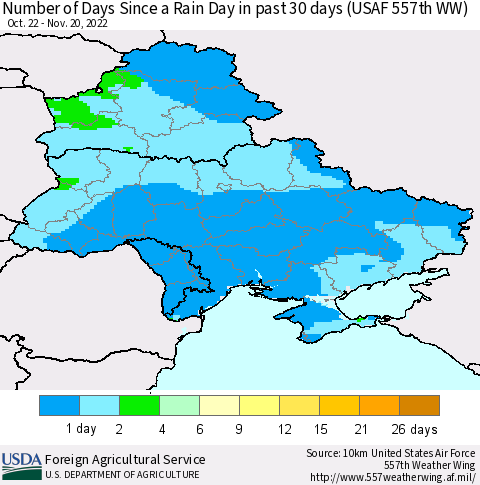 Ukraine, Moldova and Belarus Number of Days Since a Rain Day in past 30 days (USAF 557th WW) Thematic Map For 11/14/2022 - 11/20/2022