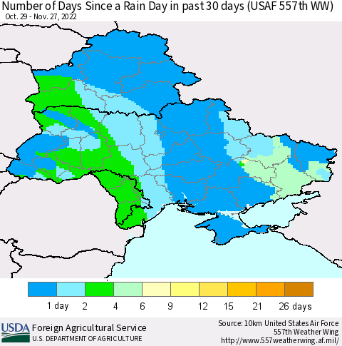 Ukraine, Moldova and Belarus Number of Days Since a Rain Day in past 30 days (USAF 557th WW) Thematic Map For 11/21/2022 - 11/27/2022