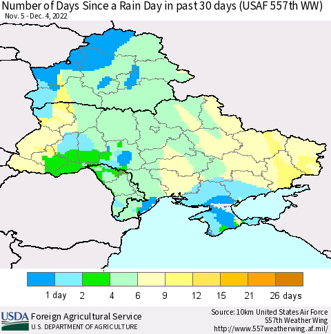 Ukraine, Moldova and Belarus Number of Days Since a Rain Day in past 30 days (USAF 557th WW) Thematic Map For 11/28/2022 - 12/4/2022