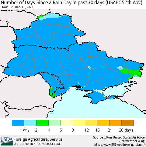 Ukraine, Moldova and Belarus Number of Days Since a Rain Day in past 30 days (USAF 557th WW) Thematic Map For 12/5/2022 - 12/11/2022