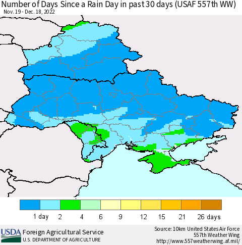 Ukraine, Moldova and Belarus Number of Days Since a Rain Day in past 30 days (USAF 557th WW) Thematic Map For 12/12/2022 - 12/18/2022