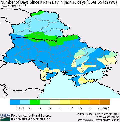 Ukraine, Moldova and Belarus Number of Days Since a Rain Day in past 30 days (USAF 557th WW) Thematic Map For 12/19/2022 - 12/25/2022