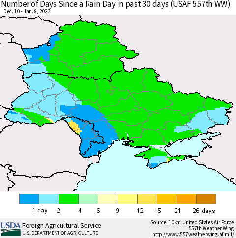Ukraine, Moldova and Belarus Number of Days Since a Rain Day in past 30 days (USAF 557th WW) Thematic Map For 1/2/2023 - 1/8/2023