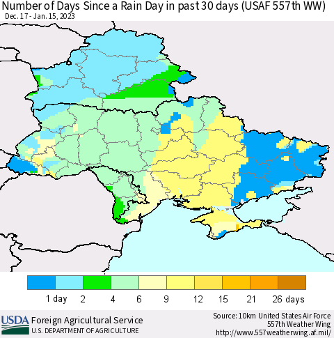 Ukraine, Moldova and Belarus Number of Days Since a Rain Day in past 30 days (USAF 557th WW) Thematic Map For 1/9/2023 - 1/15/2023