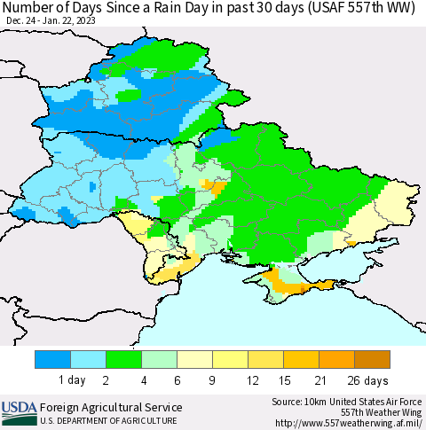 Ukraine, Moldova and Belarus Number of Days Since a Rain Day in past 30 days (USAF 557th WW) Thematic Map For 1/16/2023 - 1/22/2023