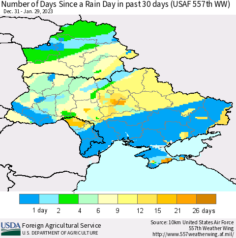 Ukraine, Moldova and Belarus Number of Days Since a Rain Day in past 30 days (USAF 557th WW) Thematic Map For 1/23/2023 - 1/29/2023