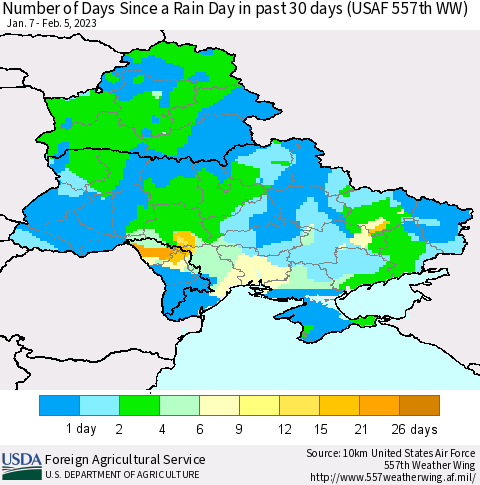 Ukraine, Moldova and Belarus Number of Days Since a Rain Day in past 30 days (USAF 557th WW) Thematic Map For 1/30/2023 - 2/5/2023