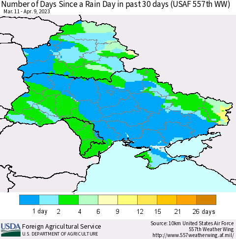 Ukraine, Moldova and Belarus Number of Days Since a Rain Day in past 30 days (USAF 557th WW) Thematic Map For 4/3/2023 - 4/9/2023